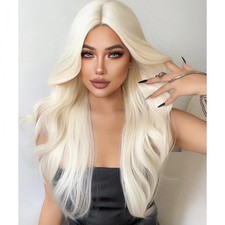 Long Wavy Hair Light Blonde Human Hair Blend Heat Ok Women Natural Wigs 26In