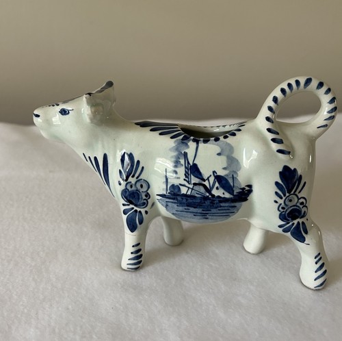 Vintage Cow Coffee Creamer/Milk Pitcher Blue White Floral Ceramic Boat