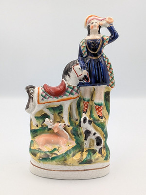 Victorian Staffordshire Figur - Jäger mit Pferd, Hund und Hirsch (um 1850er Jahre)