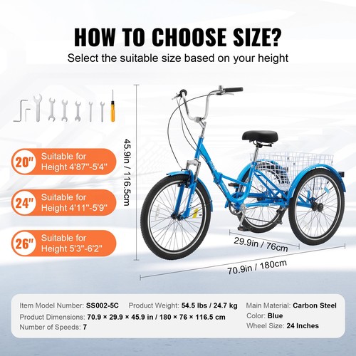 VEVOR Folding Adult Tricycle 24" 7-Speed Adult 3 Wheel Trikes Carbon Steel Blue - Picture 7 of 12