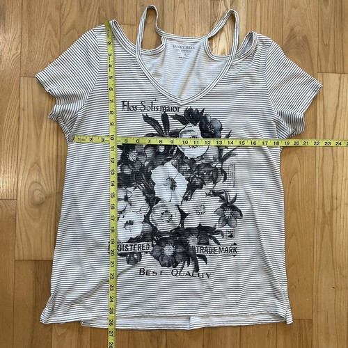 Lucky Brand Black White Floral Striped Cut Out Shoulders Short Sleeve Top Large - Picture 10 of 10