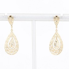 1 1/8" Filigree Teardrop Dangle/Drop Pair Earrings 14k Yellow Gold 2.02 Grams
