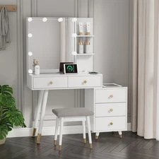 5 Drawers & Shelves Dressing Table W/ Mirror Stool Set Bedroom Makeup Desk Chair