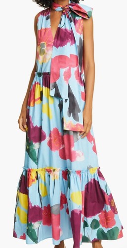 LA DoubleJ Lou Lou Maxikleid Blumenmuster Bindeband blau Baumwolle Gr. L/US 8 neu mit Etikett - Bild 1 von 18