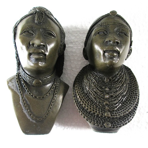PAIR SMALL CAST BUSTS OF MASAI MAN & WOMAN, SIGNED APOLLO?