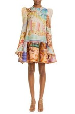 ZIMMERMANN Tama Poster Print Long Sleeve Linen & Silk Dress Size 0/AU8/US4