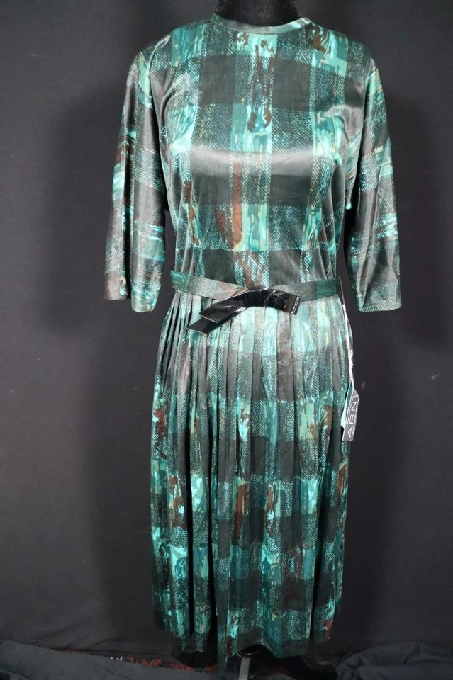 Vintage Deadstock 1960'S Jamais Worn Vert Imprimé Robe Avec Tags Taille 8-10 - Photo 1/4
