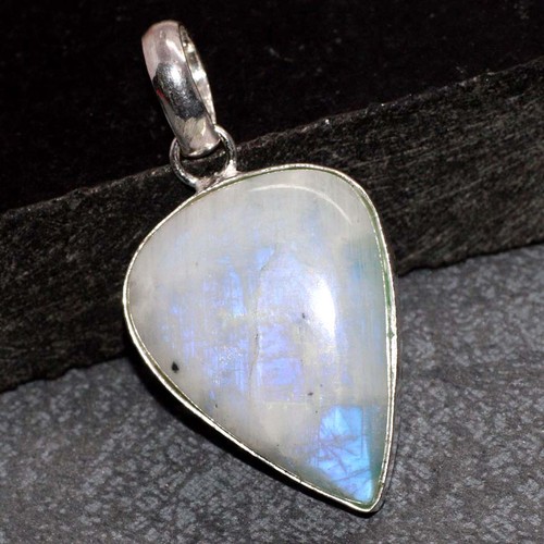 Regenbogen Mondstein 925 Silber vergoldet Edelstein Handarbeit Anhänger 1,7" GW