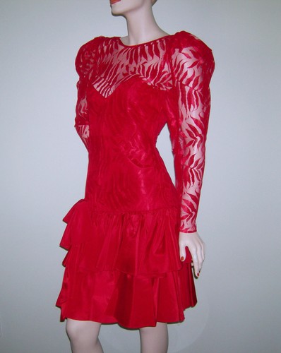 VINTAGE 1980s CONTEMPO CASUALS RED LACE DRESS INDIE BOHO DISCO TIERED PARTY 9 - Picture 9 of 12