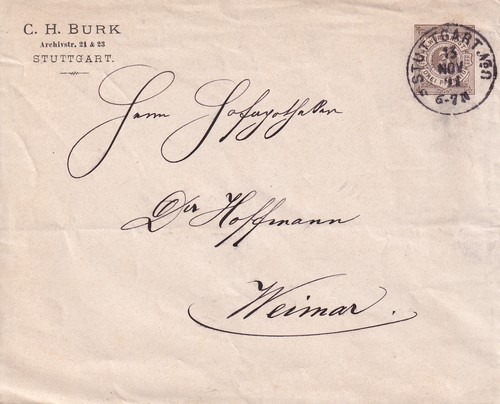 Württemberg Privatumschlag PU 9 B 3 - Firma Burk (Pharmazie) Stuttgart 1911