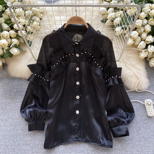 Hot Lady Ruffle Blouse Shirt Top Long Sleeve Shiny Satin Rhinestone Casual Party - Bild 14 von 19