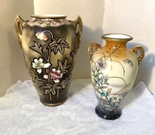SET OF 2 ANTIQUE JAPANESE ROYAL NIPPON NISHIKI HAND PAINTED MORIAGE VASES