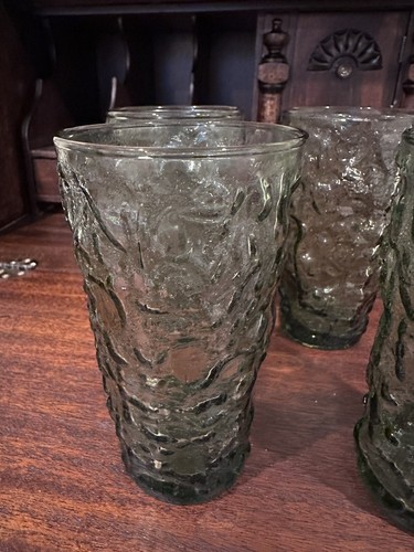 Set of 4 Vintage Anchor Hocking Lido Milano Avocado Green Crinkle 5 1/2" Tumbler - Picture 4 of 7