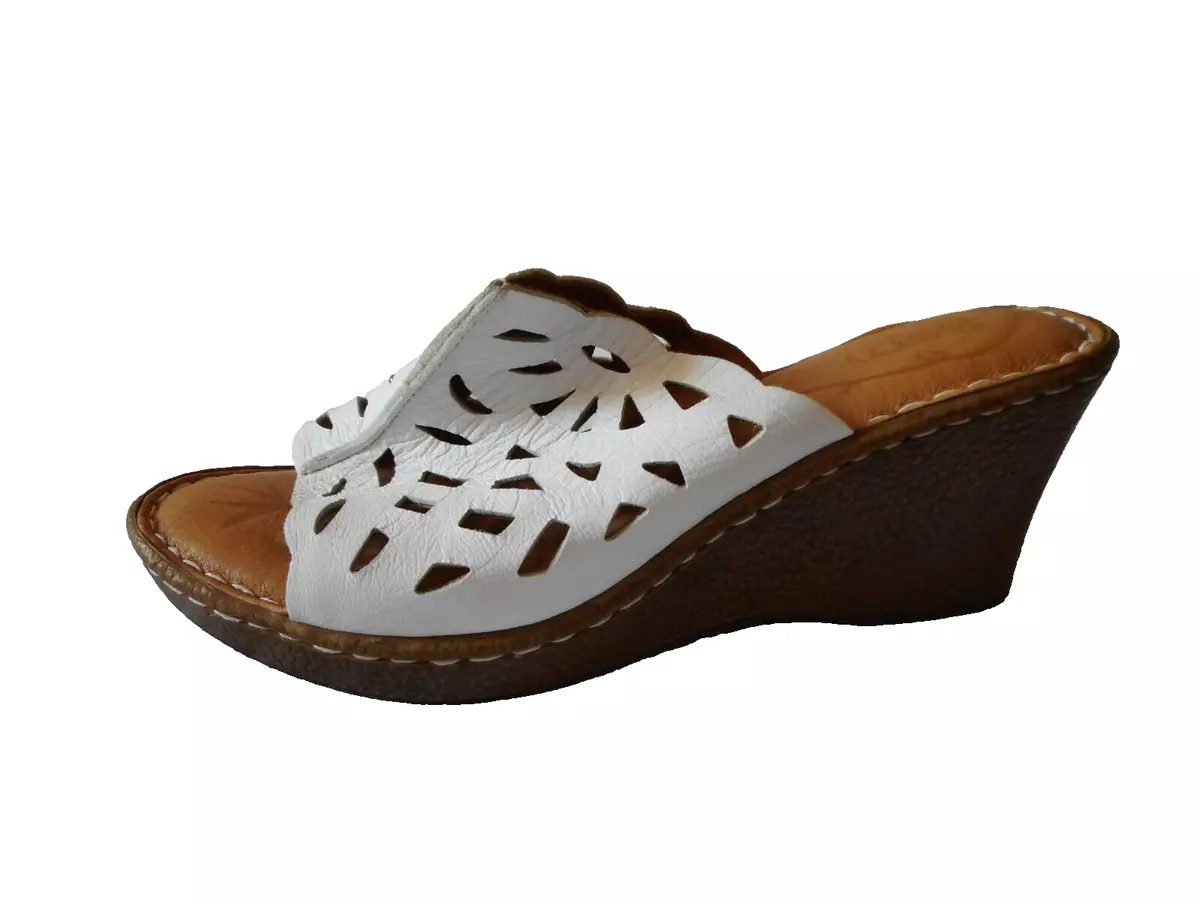 148 BORN White Laser Cut Leather Wedge Mules Sandals Shoes US 7M EU 38