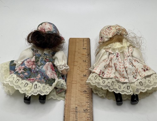 Vintage 5" Porcelain Jointed Dolls Mini Set of 2 Blond & Brunette Show Stopper - Picture 7 of 8