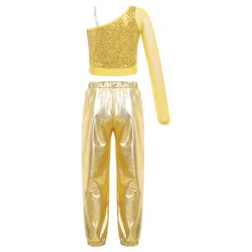 Kids Girl's Dance Outfit Latin Tracksuit Gym Crop Top With Pants Stage Sheer - Picture 15 of 87