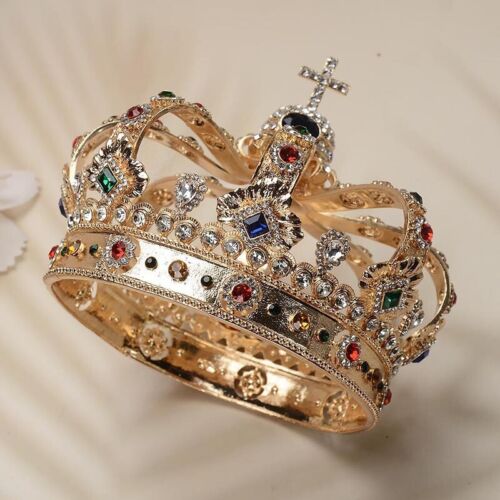 13cm Tall Large Men's Cross Gold Crown Drama Imperial Medieval King Metal Crown - Picture 6 of 8