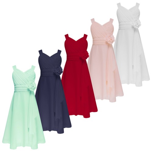 Chiffon Sommer Blumenmädchen Kleid V-Ausschnitt ärmellose gerüschte Brautkleider - Bild 5 von 105