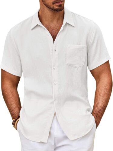 Men's Short Sleeve Button-Down Shirt, Casual Textured Beach Shirt with Pocket - Picture 47 of 57