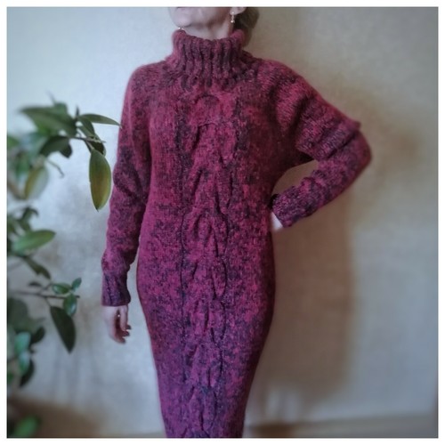 Mohair Red Knitted Women Dress Sweater Long Turtleneck Braids Long Cherry Robe - Picture 5 of 20