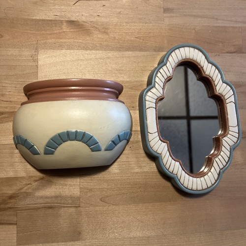 2 Southwest PCS Mirror & Terracotta Wall Pocket Pot Decor Cacti Blue Green Teal - Picture 1 of 12