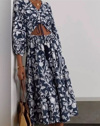 WAIMARI Emanuelle Navy Blue White Embroidered Midi Dress Cut Out Resortwear Sz M - Picture 5 of 23