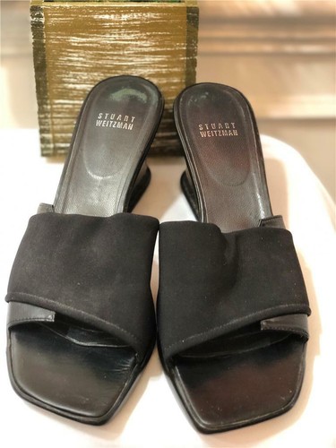 STUART WEITZMAN Black Canvas and Leather Wedge Sandals Sz 8.5 M - Picture 2 of 8