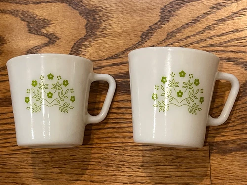 2 Vintage Pyrex Summer Impressions Green Flowers Milk Glass Coffee Mug / Cup