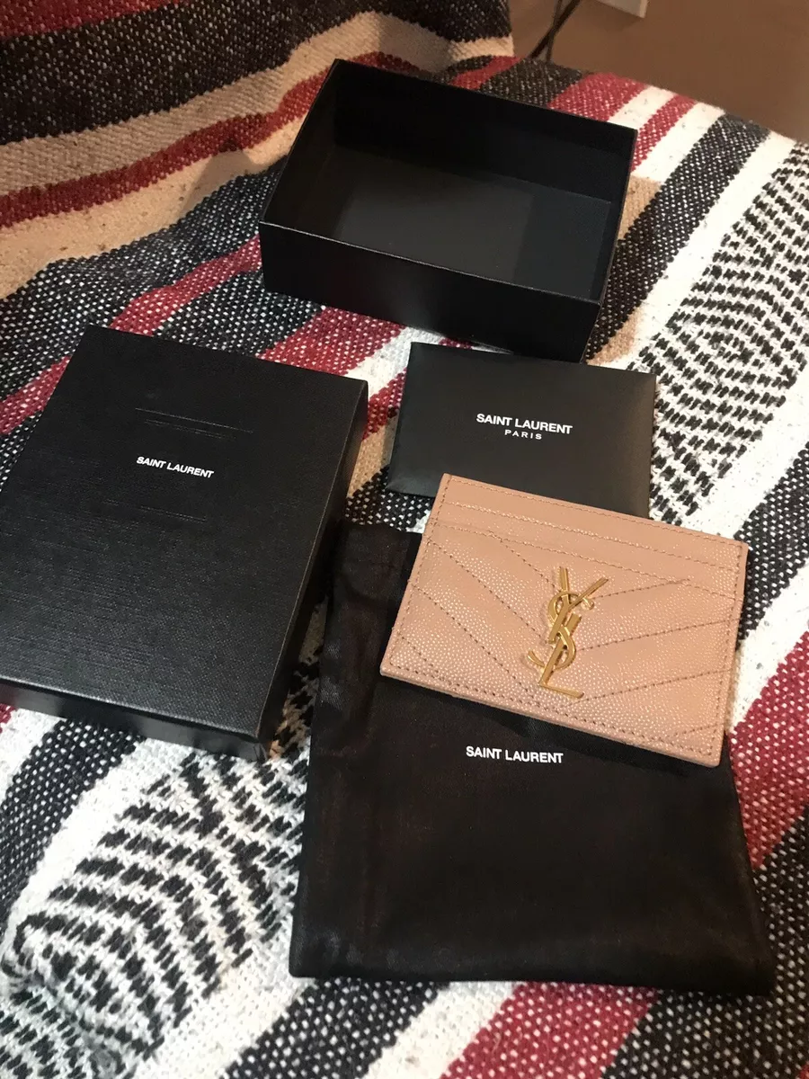 Yves Saint Laurent Monogram Card Case Grain Embossed Leather Pink Gold YSL