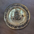 Metal Tin Decorative Wall Art Made In England Vtg Ship Gold Patina 14” Round