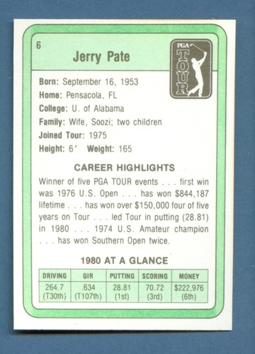 Donruss PGA 1981 Golf Stars #6 Jerry Pate Alabama Crimson Tide casi nuevo-tarjeta de montaje - Imagen 2 de 2