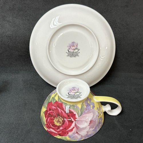 Four (4) STECHCOL GRACIE BONE CHINA Peony & Wisteria on Yellow Cup & Saucer Sets - Picture 7 of 8