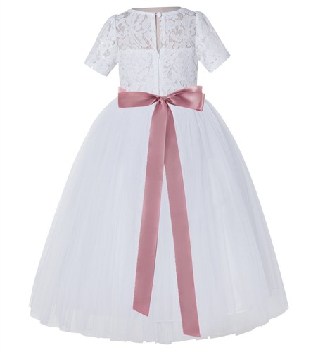 Short Sleeves Floral Lace Flower Girl Dress with Rhinestone Girls Formal Dresses - Picture 20 of 42