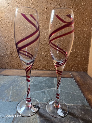 Pier 1 DOUBLE SWIRL RED Fluted Champagne Glasses Goblets 9 3/4" Set of 2