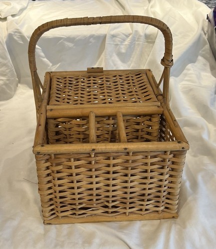 Vintage Wicker Flatware Caddy Hamper Wood Handle 4 Compartments Picnic Hamper - Picture 5 of 17