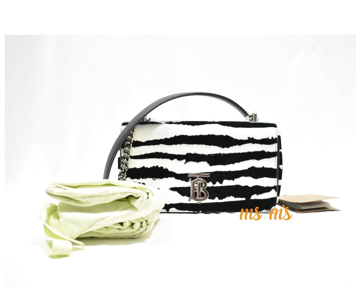 BURBERRY 手袋 M/L 黒/白 NWT BURBERRY TB logo Zebra Print Calfskin leather Black