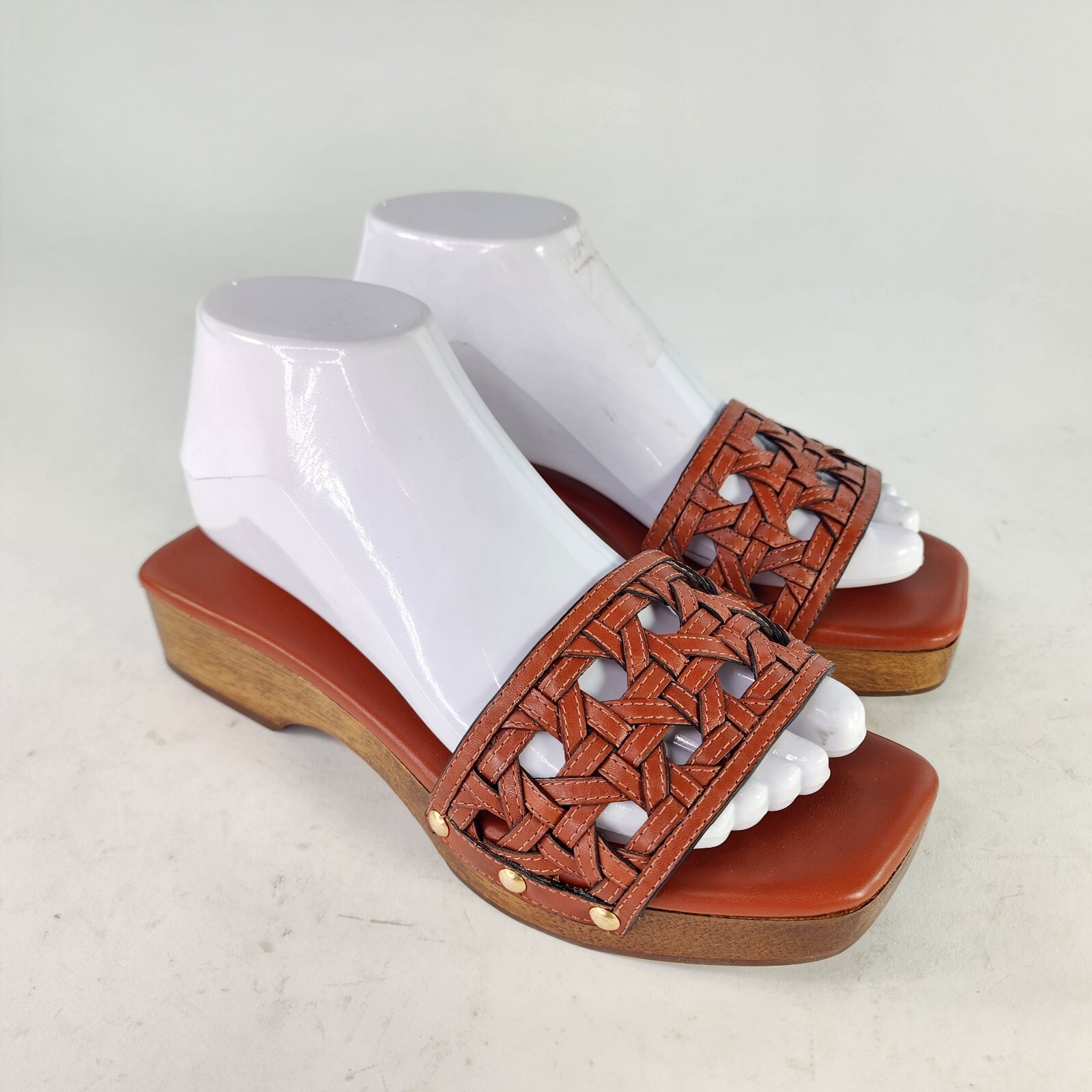 Tory Burch women's Basket Weave Brown Leather Clogs US  M Wooden Slide  Mules | eBay