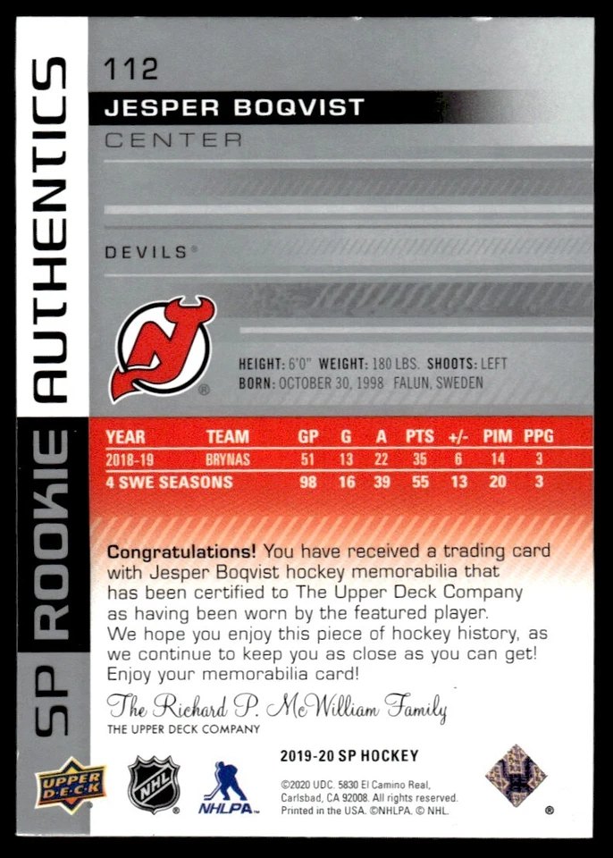 2019-20 SP ROOKIE JERSEY Jesper Boqvist New Jersey Devils #112 - Image 2 of 2