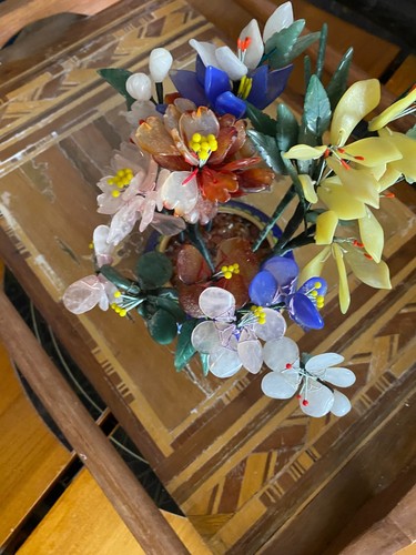Jade & Carved Hard stone Flower Arrangement In Cloissone Basket Chinese - Picture 6 of 6