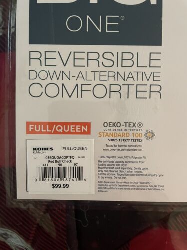 The Big One Full Queen Plush Reversible Comforter Red Black Plaid 3M Scotchgard - Picture 4 of 6