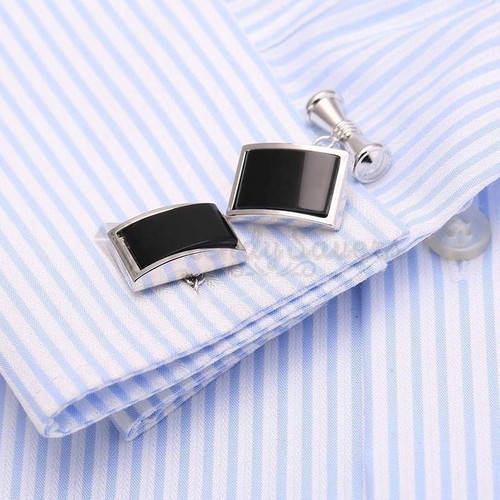 Elegant Rectangle Curved Plain Black Onyx Cufflinks Men's Formal Date Cuff Link - Picture 7 of 32