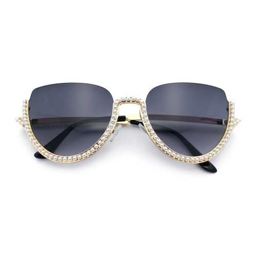 Womens Upside Down Half Rim Bling Pearl Metal Frame Cat Eye Sunglasses - Bild 5 von 33