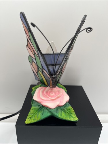 BUTTERFLY Rose Tiffany Style Stained Glass Table Shelf Lamp Night Light 7” - Picture 4 of 11