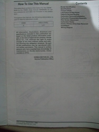 Genuine Honda CB250T 1995 Dealer Workshop Manual Addendum 62KBG00Z - Picture 2 of 6