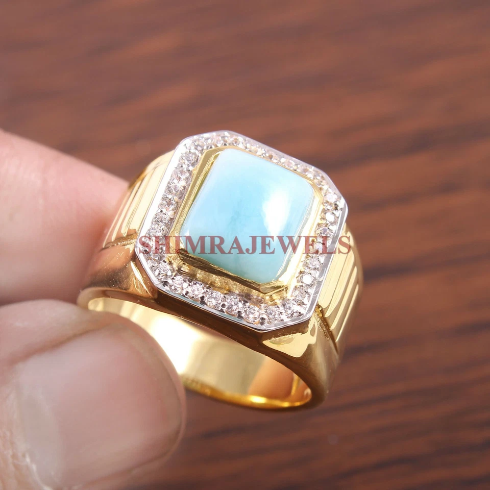 Anillo de plata de ley 925 enchapado en oro con piedras preciosas naturales de Larimar para hombre 204 Foto 2 de 3