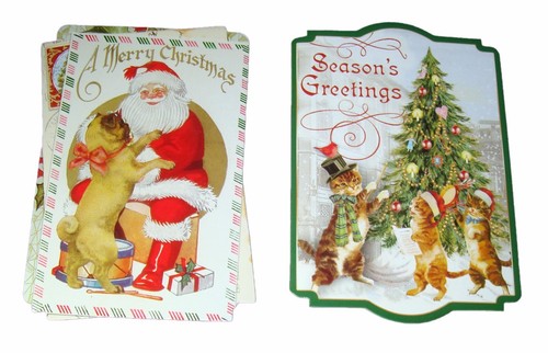 Punch Studio 12 Die-Cut Christmas Cards Antique Ephemera Kittens & Puppies 60862 - Picture 4 of 5