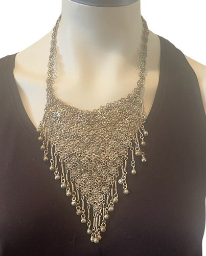 Vintage Yemenite Israel Middle Eastern Silver Filigree Bib Necklace - Afbeelding 1 van 12