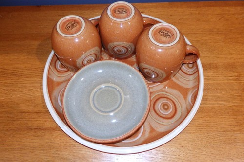 Denby Fire Chilli Round Plate Serving Platter & 3 Tea Coffee Mugs w/ Saucers - Picture 9 of 9