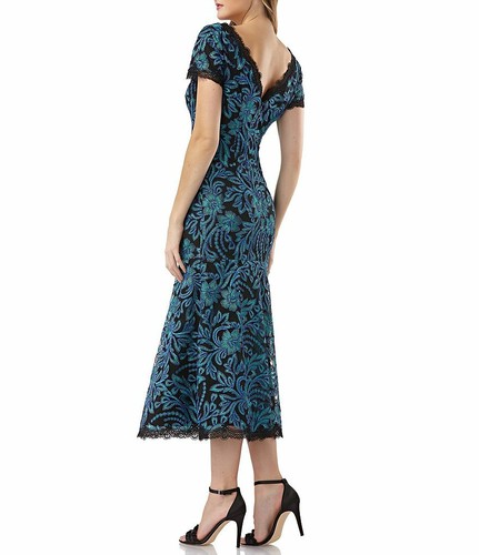 JS COLLECTIONS Seagreen Blue Black Embroidered Mesh Lace Fit Flare Dress 2 = XS - Picture 2 of 4