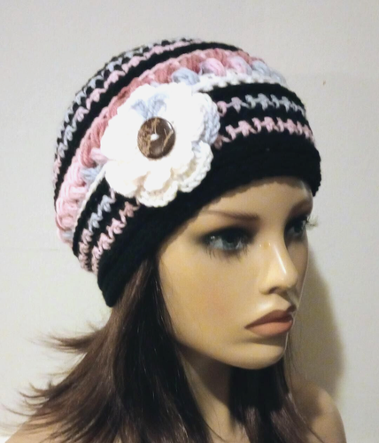 gehäkelte Handarbeit Damen Blumen Mütze Beanie Kirschen Jubiläum Puffs - Bild 2 von 3